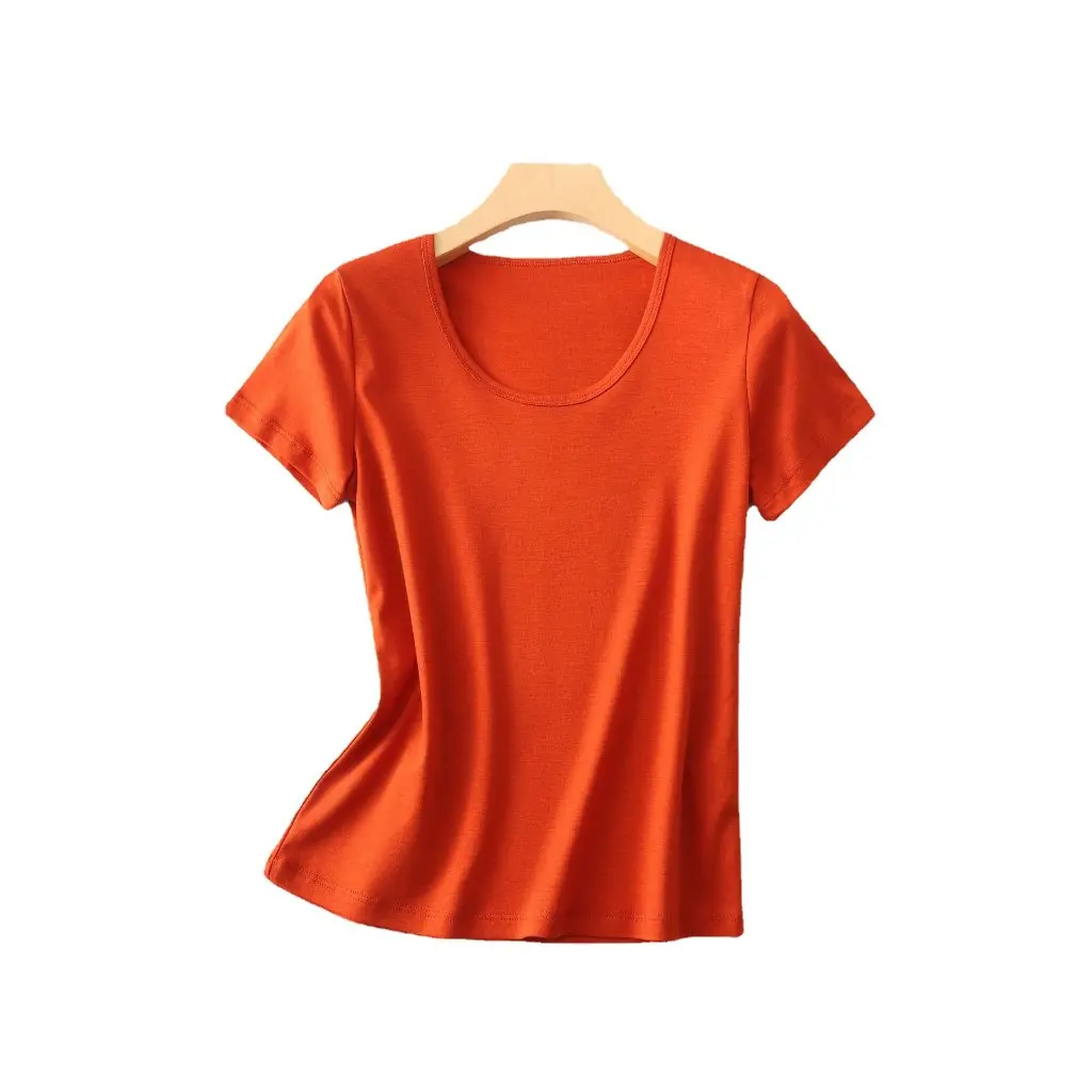 

Women's Silk T-Shirt Large U-Neck Exposed Collarbones Slim Fit Sexy Short-Sleeved No-Iron Cool Top