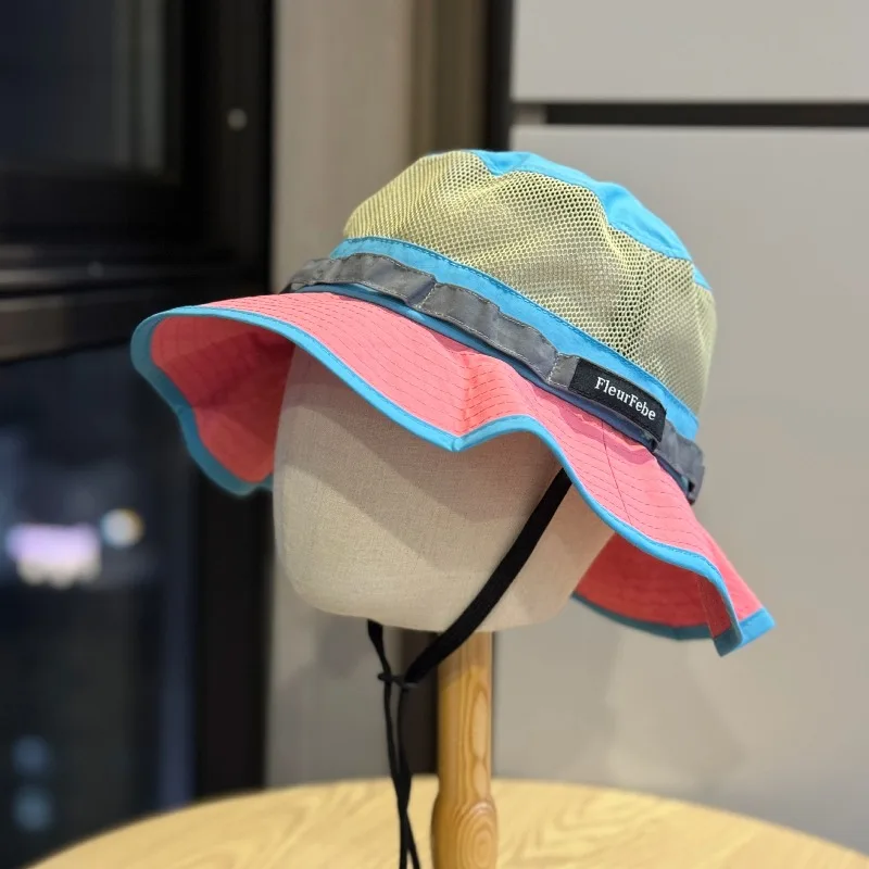 Japanese Outdoor Quick-drying Mesh Bucket Hat Summer Men's and Women's Trend Color-blocking Hiking Shade Casual Lace-up Sun Caps
