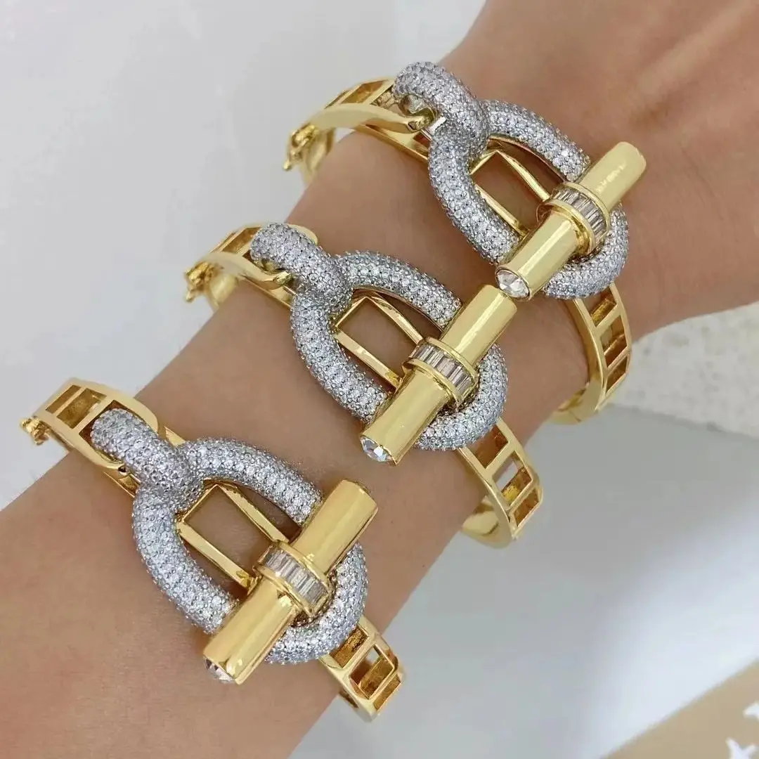 3PCS, Gold Silver Color Delicate Inlaid Cubic Zirconia Metal Cuff Open Bracelet Bangle 18K Plated Charm Jewelry Gift