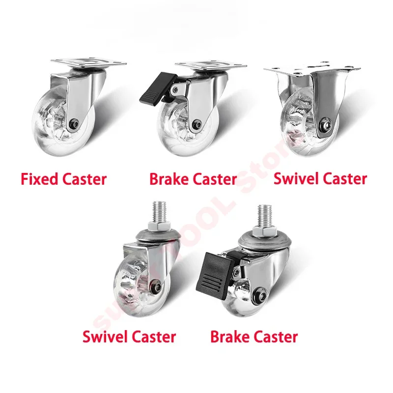 1Pc PU Transparent Swivel Caster 1.5 Inch 2 3 4 Inch Thread Stem Wheel Low Noise Furniture Roller With Brake Industrial Casters