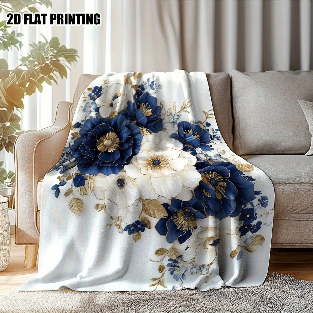 

Elegant Navy & Gold Floral Throw Blanket - Luxe Peony Pattern Cozy Sofa Bed Cover for Classic Modern Home Decor