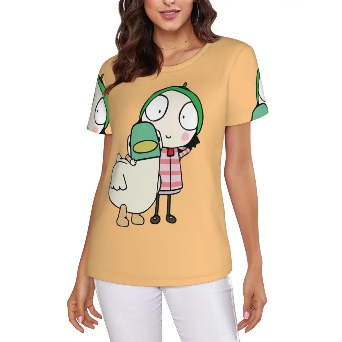 Sarah And Duck Having Fun T-Shirt Women Short Sleeve T Shirts Round Neck Clothing Cotton Summer Tees Streetwear