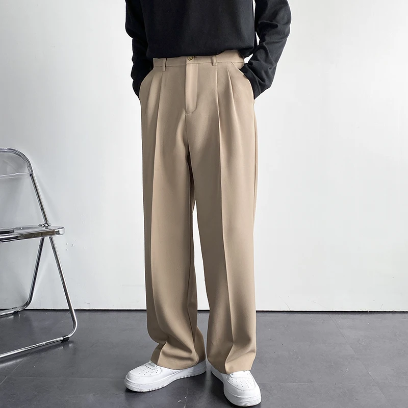 New Fashion Men's Oversize Suit Pants Wide Leg Long Drape Trousers Solid Straight High Waist Casual Pant Black White Khaki