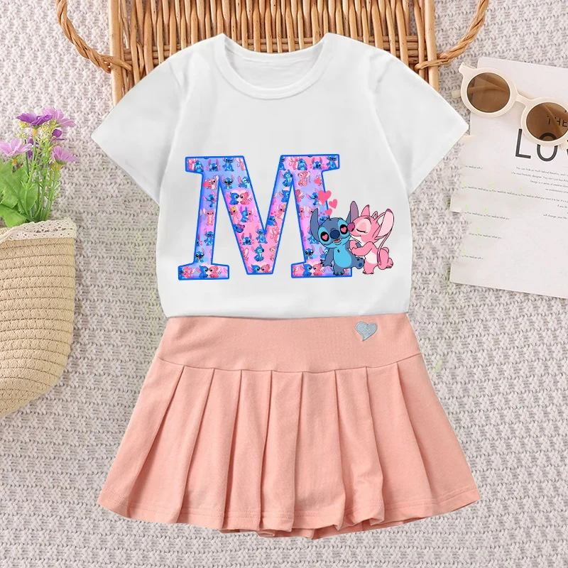 ステッチエンジェル Tシャツスカートセット女の子ディズニーアニメ手紙 A-Z Tシャツプリーツドレス子供夏半袖スカート子供 Clorhes