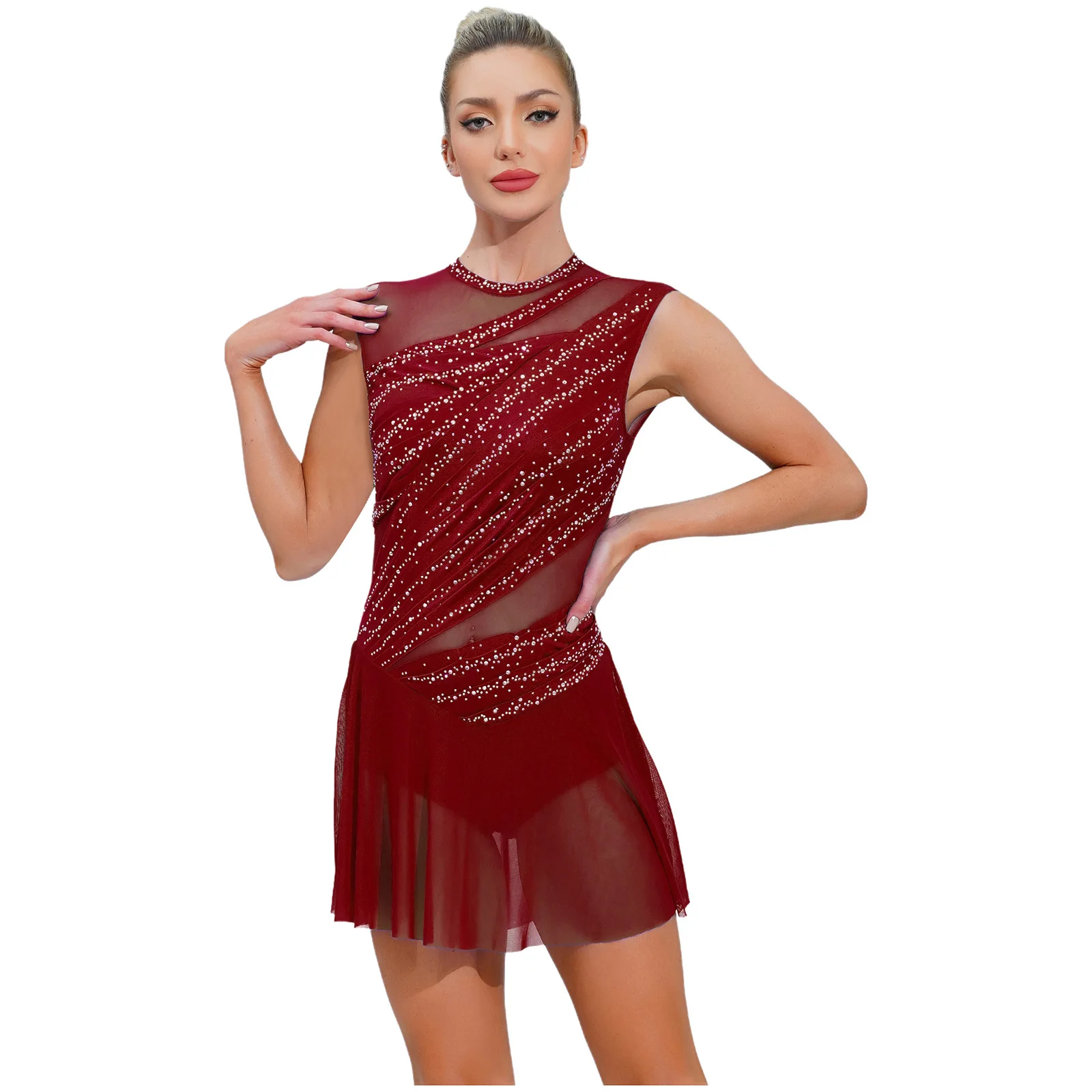 Damen-Kleid mit glänzenden Strasssteinen, für Gymnastik, Eiskunstlauf, Balletttrikot, lyrisches Tanzkostüm, gerüschtes Tanzkleid
