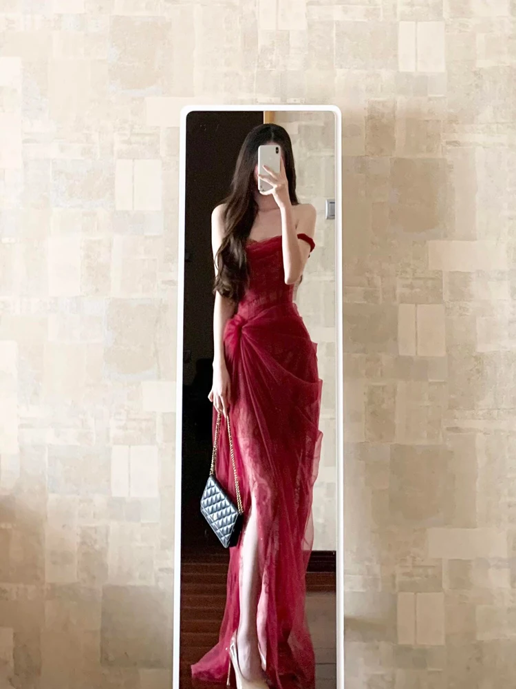 

Ele Red Fibone Waist Cinching Me Tube Top Gown for Women High Waist Draped Floor Length Adult Ceremony Luxury Dr