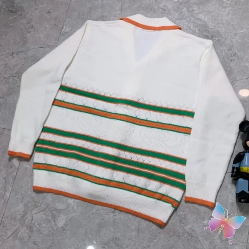 Winter Men Women Sweater Orange Green Striped Rectangular Printed Lapel Knit Long Sleeve Shirts Pearl Buckle Cardigan