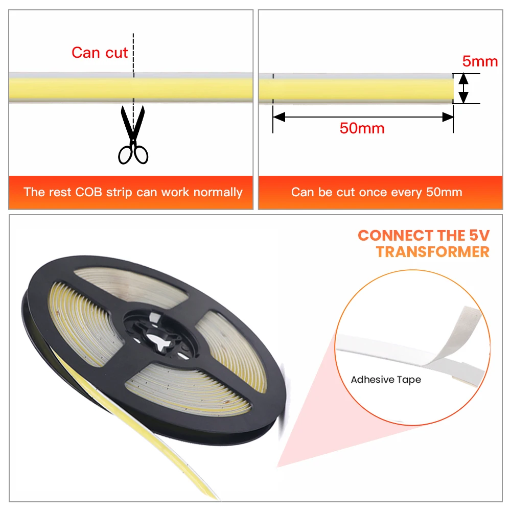 USB COB LED 스트립 조명, 게임 데스크 컴퓨터 PC 장식용, 유연한 LED 테이프, 따뜻한 자연 화이트, 레드, 그린, 핑크, 5mm, DC 5V, 320LEDs/m