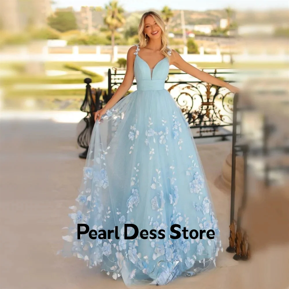 

Strapless Blue Flower Lace Ball Dress V-neck A-line sheer large evening dress