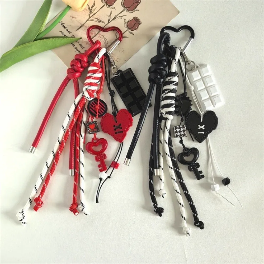 Y2k الاكريليك القلب المفاتيح المنسوجة يدويا مكافحة خسر حبل مضفر مفتاح سلسلة معكرون اللون على شكل قلب حقيبة قلادة حقيبة الملحقات #2