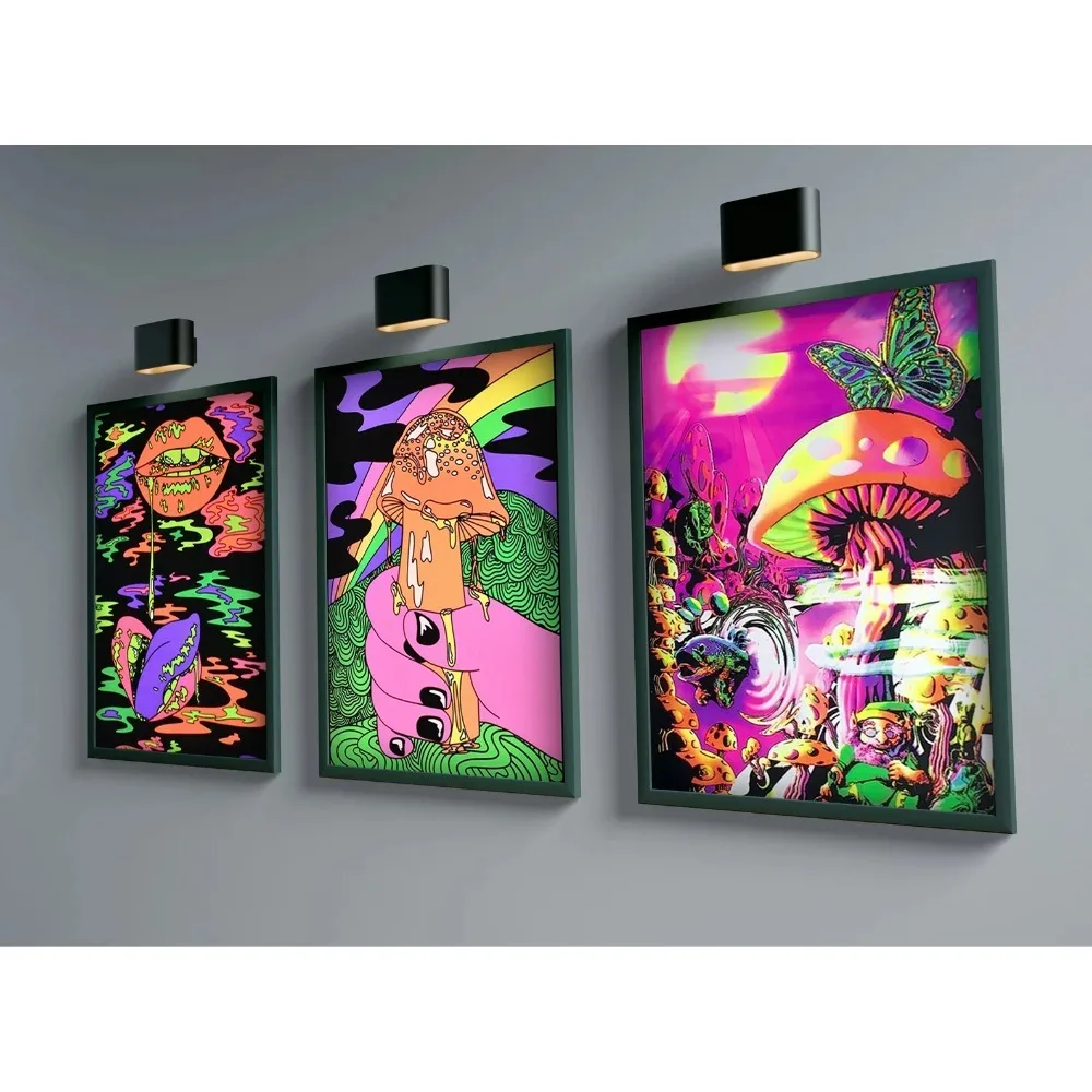 80S Trippy Skeleton Neon Psychedelic Mushroom Posters Wall Art Canvas Painting Poster Aesthetics Sexy Kitchen Kawaii Room Decor