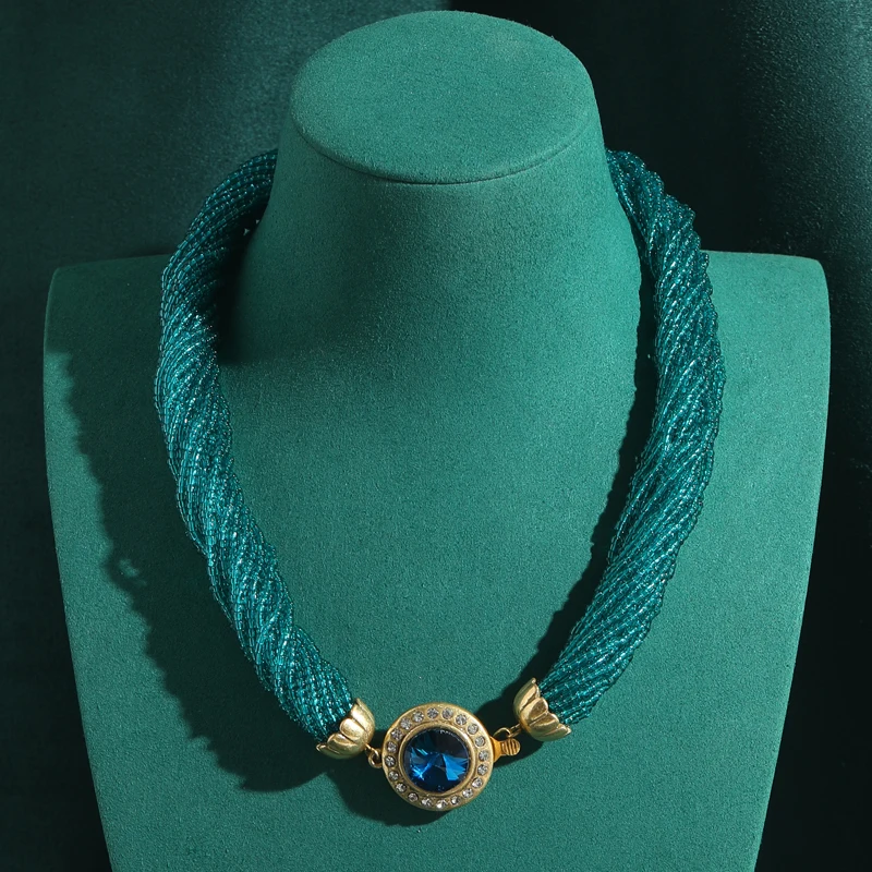 

Vintage Twisted Beaded Necklaces Layered Beautiful Women Blue Crystal Round Pendant Beach Accessories Party Wedding 2025 New In
