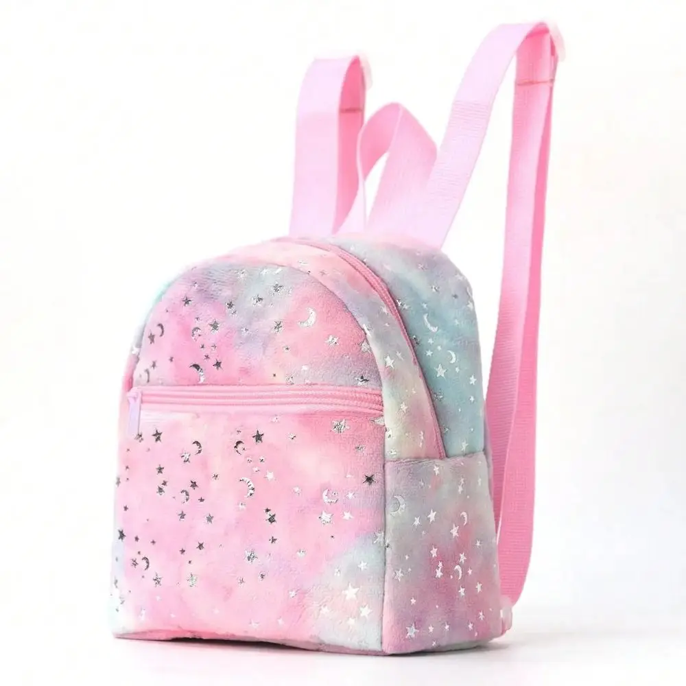 Bonita mochila con estampado de luna y estrella para niños, bolsa escolar pequeña de felpa suave de gran capacidad, minimochila de regalo para estudiantes