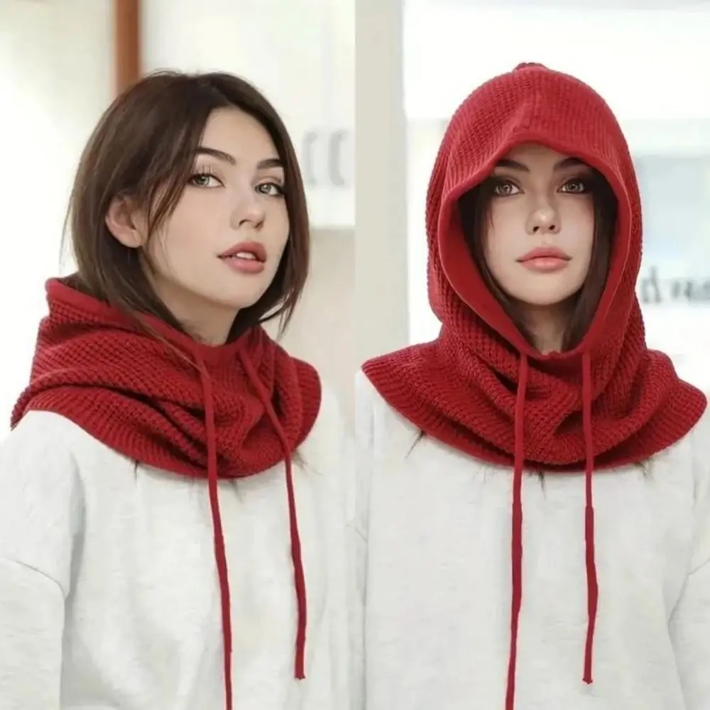 Simple Solid Color Drawstring Balaclavas Hat Soft Earmuff Pullover Cap Windproof Warm Winter Neckerchief Ski