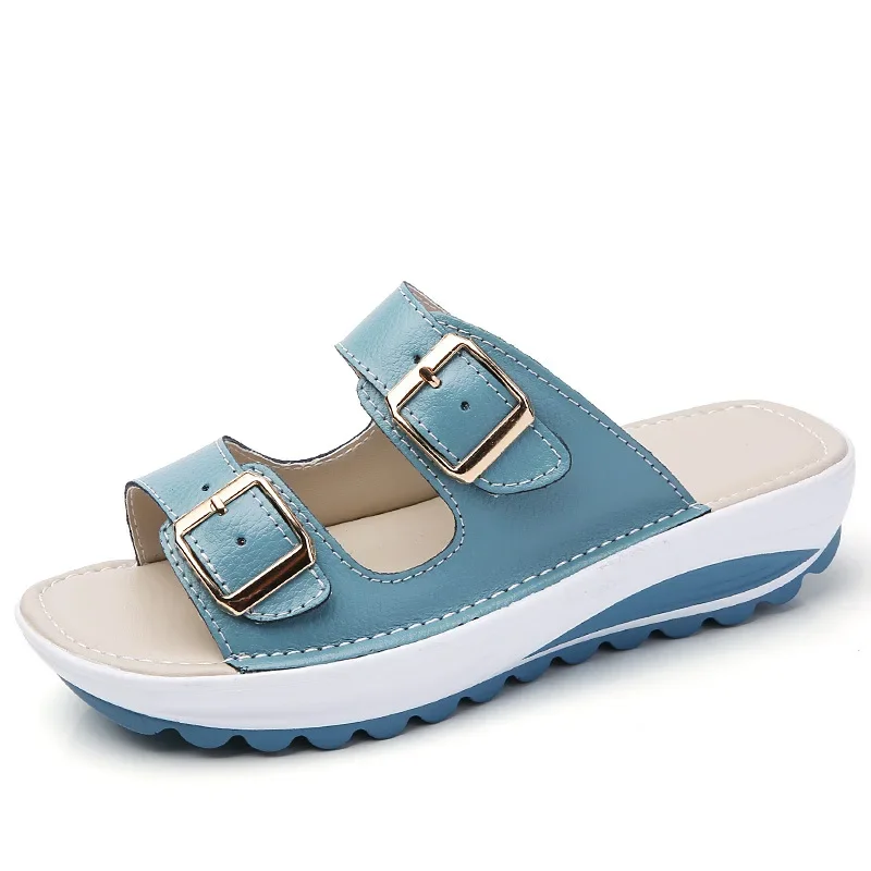 Comemore Buckle Leather Slides Shoes Solid Thick Sole Heels Beach Sandals Women Outside Flip Flops Summer 2023 Woman Slippers 42