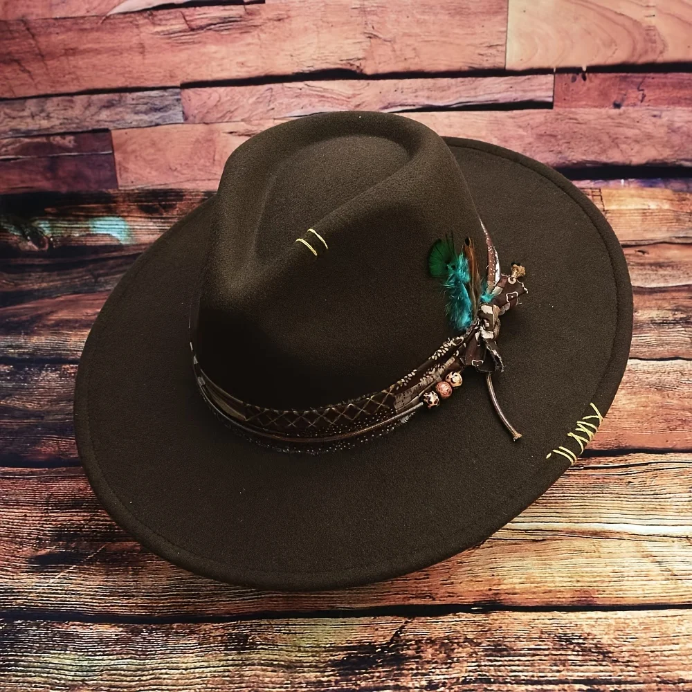 

Bohemian Style Bow Feather Accessory for Men and Women, Full Polyester Autumn and Winter Felt Hat
