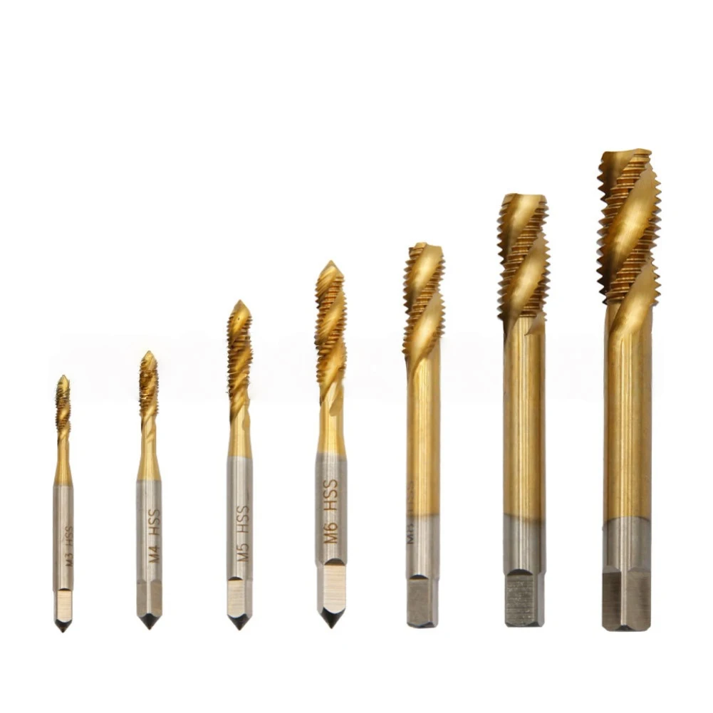 Fixinus 7-Pcs Titanium Coated HSS Spiral Tap Set :Tapping & Drilling High Speed Steel Spiral Groove Machine Tap Hand Tools Parts