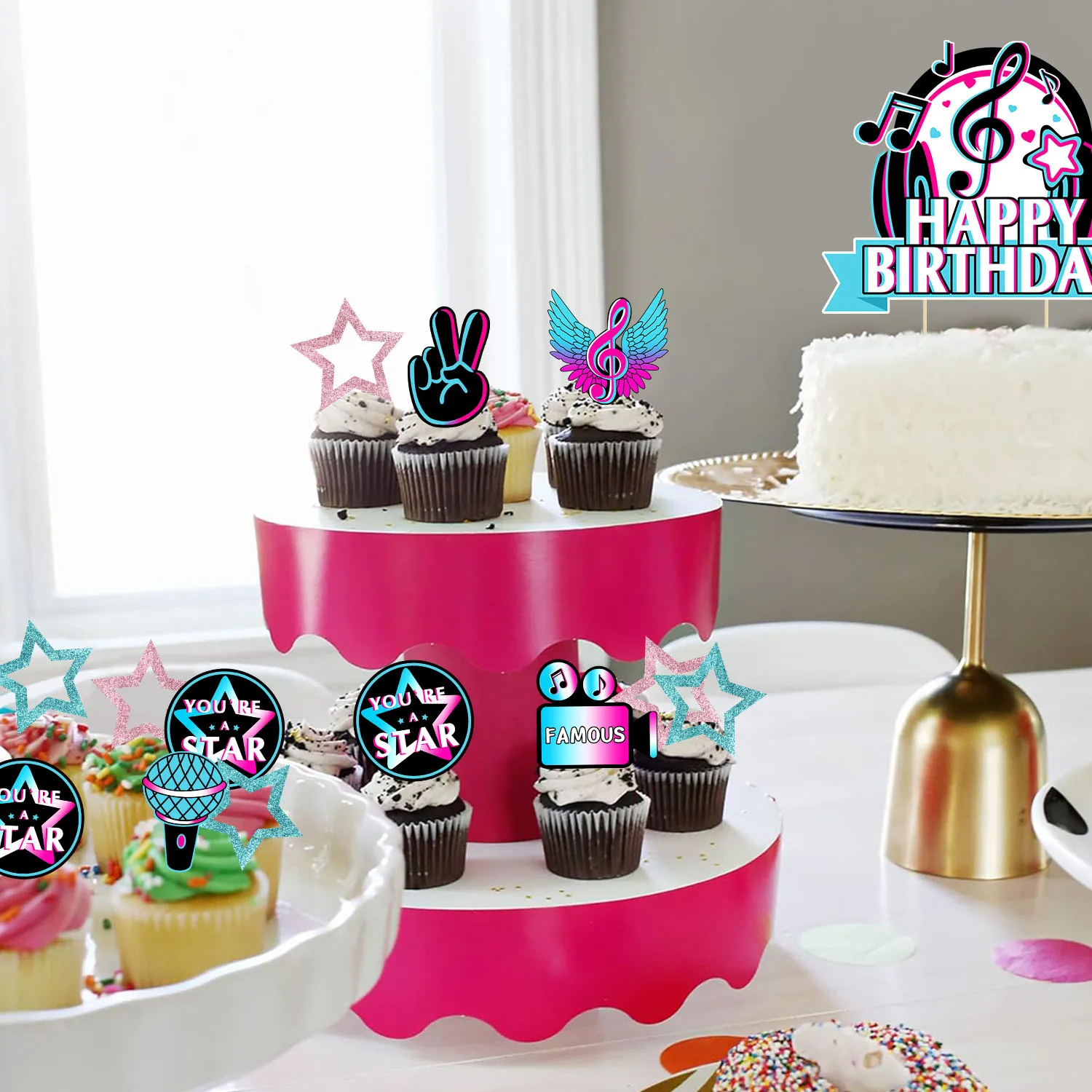 Musik-Kuchenaufsatz-Set, STERN BERÜHMTE, musikalische Geburtstagsparty-Kuchendekorationen für Musik, Karaoke-Thema, Geburtstagsparty-Zubehör – Detail 14