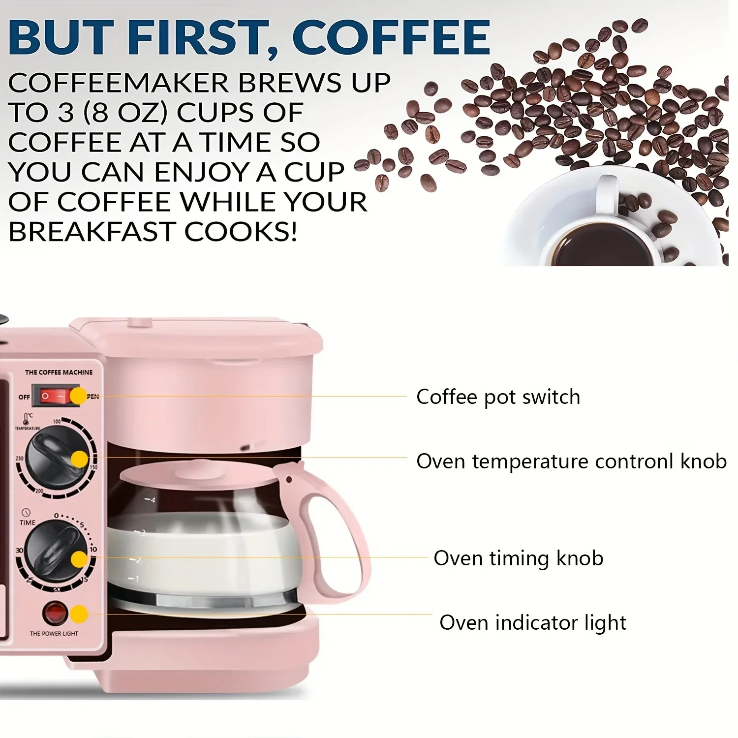3-in-1 Breakfast Maker Home Mini Electric Oven Bread Maker,600ml Drip Coffee Machine,Non Stick Pan Fry Pan,Can Fry Grill Steak