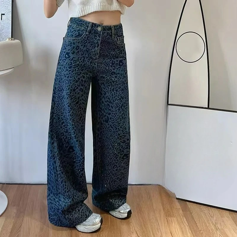 2026 Autumn New Style Fashionable Leopard Print Embossed Diamond Individual Street Wide-leg Pants Casual Long Pants for Women