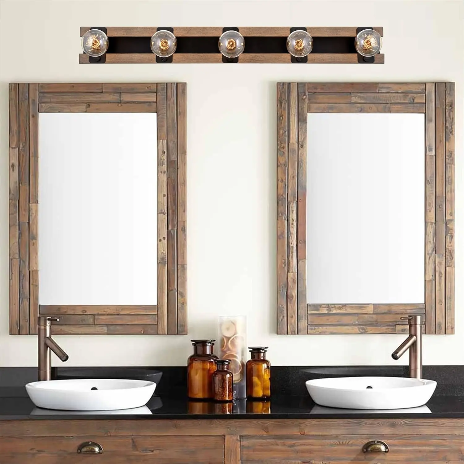 Hogan 36"" 5-Light Farmhouse Vanity/Bathroom Light Bar, Racetrack Bath Vanity, Open Design, Black + Smoked Birch Finish