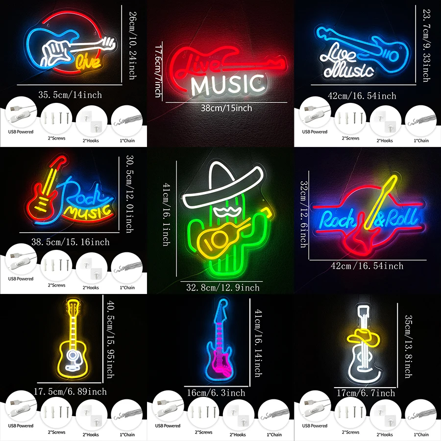 Guitar Rock and Roll Neon Sign  for Wall Decor,Led Live Music Neon Light Sign for Bar Live Music Vocal Recital Concert Man Cave