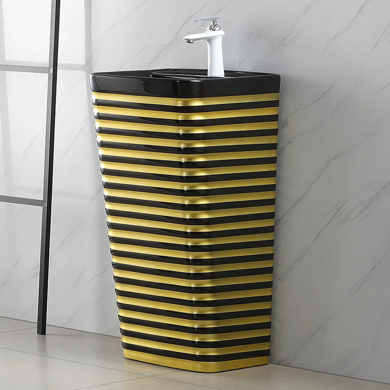 Ceramic one-piece floor-to-ceiling toilet sink set with S-shaped drain, double flush, easy to clean, black gold edge