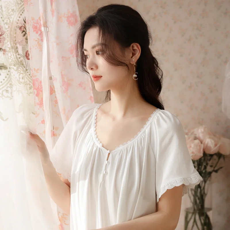 Women Summer White Short Sleeves Cotton Nightwear Simple Round Neck Mid-Calf Loose Nightdress Casual Plus Size Nightgowns New