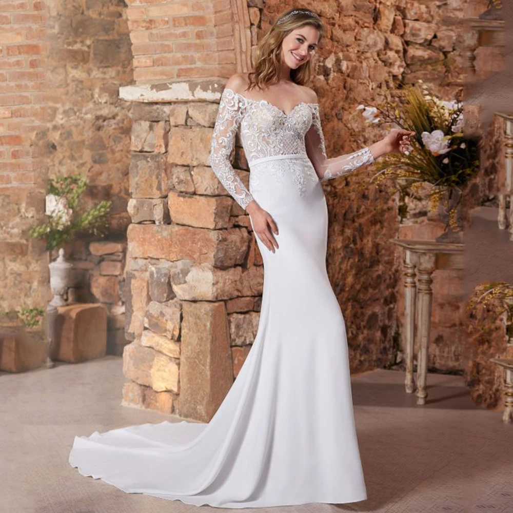 

Elegant Off the Shoulder Wedding Dress Long Sleeve Applique Mermaid with Belt Half Back Bridal Marriage Gowns Sweep Train Robe