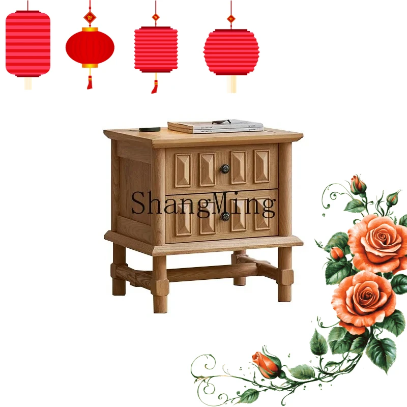 

SM retro log bedside table medium antique solid wood bedside cabinet household bedroom drawer cabinet