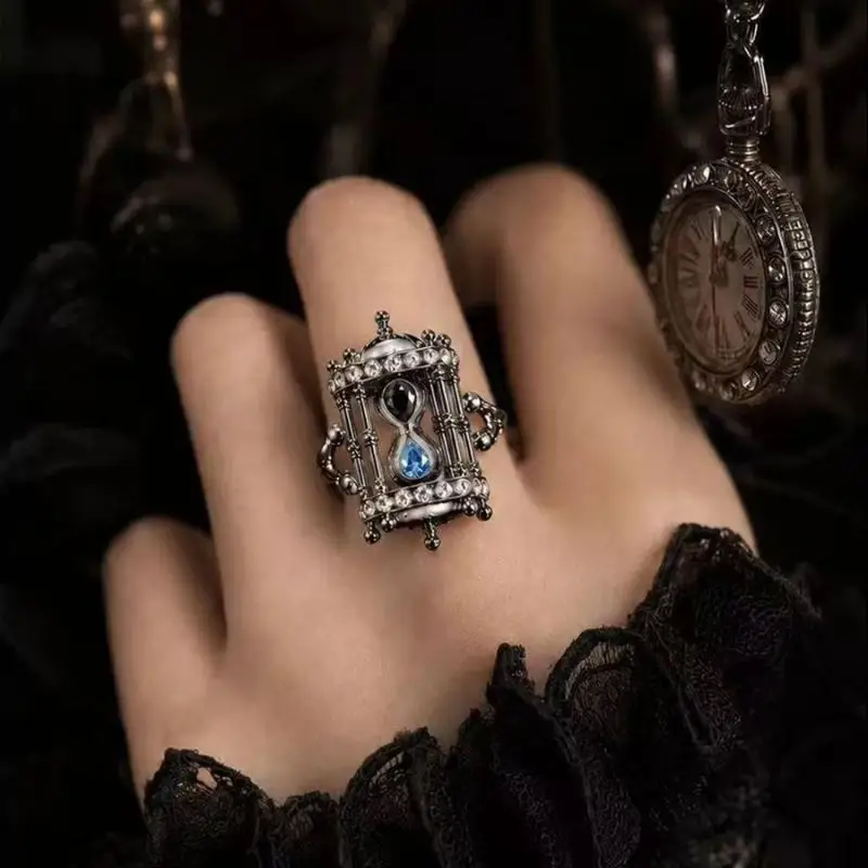 Creative Sand Timer Adjustable Opening Ring Hollow‑Out Rhinestone Inlaid Time‑Theme Daily Party Finger Jewelry