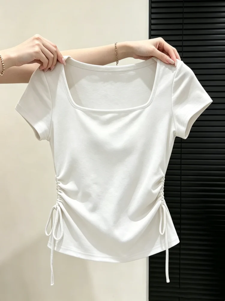 Summer New Style Pumpkin Color Square Collar Short Sleeve T-Shirt Women plus Size Drawstring Waist Slimming Top Cotton 95%