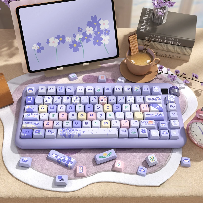 158 Toetsen/Set Bloemenmeisje Keycaps Schattige Kawaii Violet Pbt Keycaps Cherry Mda Hoogte Voor Mx Switch Diy Mechanische Toetsenborden Cadeau