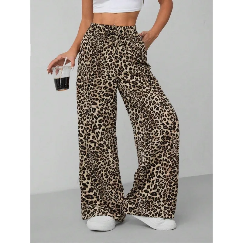 플러스 사이즈 1XL-5XL 새로운 여성 패션 캐주얼 레오파드 프린트 와이드 레그 팬츠 하이 웨이스트 루즈핏 캐주얼 드레이핑 바지