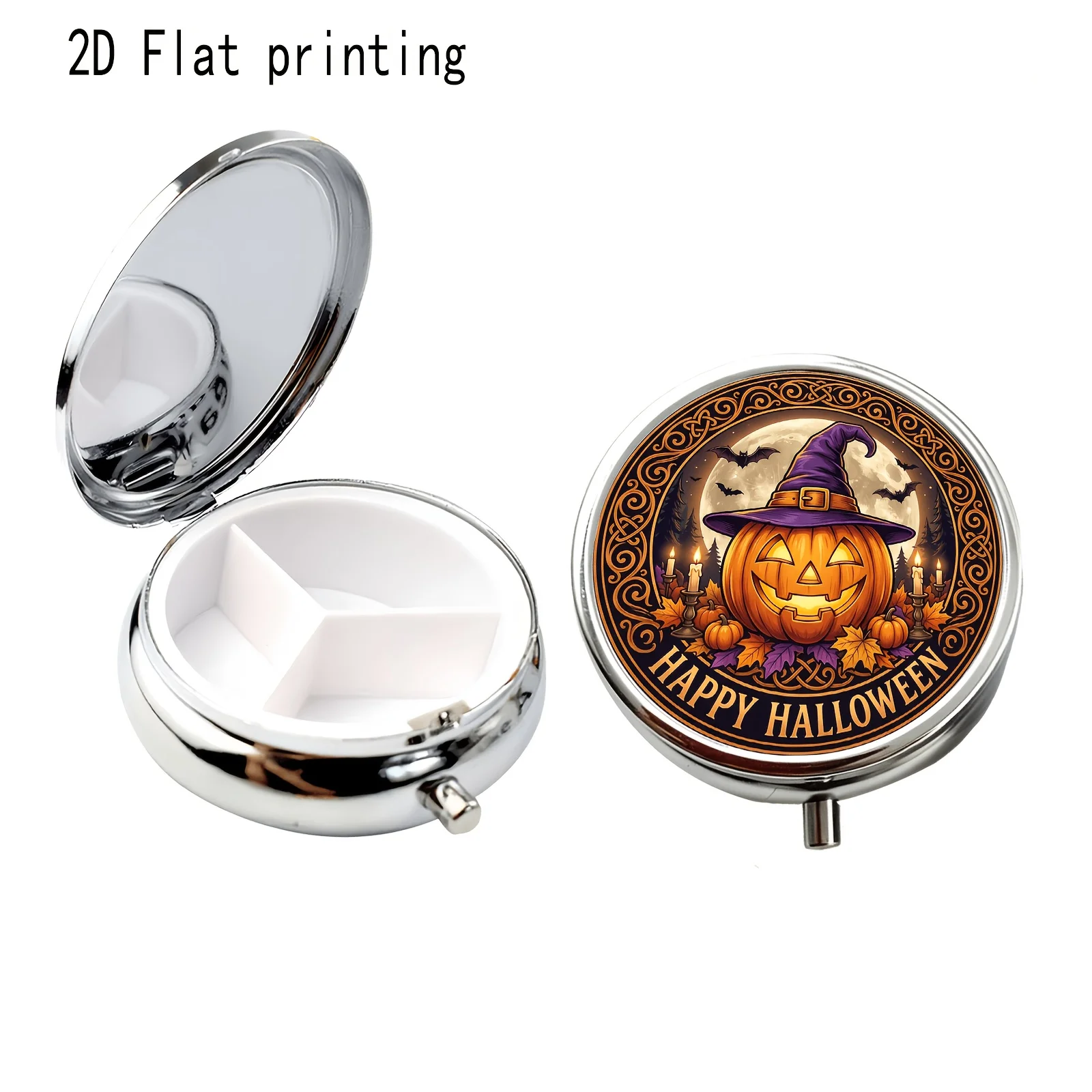 1Pc Flat Printing Pill Box, Wizard Hat and Magic Broom Pattern Design, Halloween Fantasy Style, Portable Metal Material, Exquisite and Convenient, Suitable for Various Occasions, Small Particle Storage, Easy to Store, Compact Jewelry Box, Compact and Exquisite Decorative Box, Compact Creative Small Jewelry Box, Universal, Personal Medication Dispensing Box