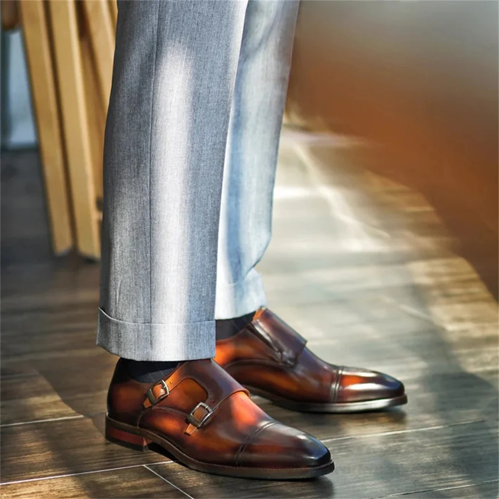 Genuine Leather Three Joint Shoes Men Polished Buckle Breathable British Handmade Business Formal Wedding Party Dress Shoes