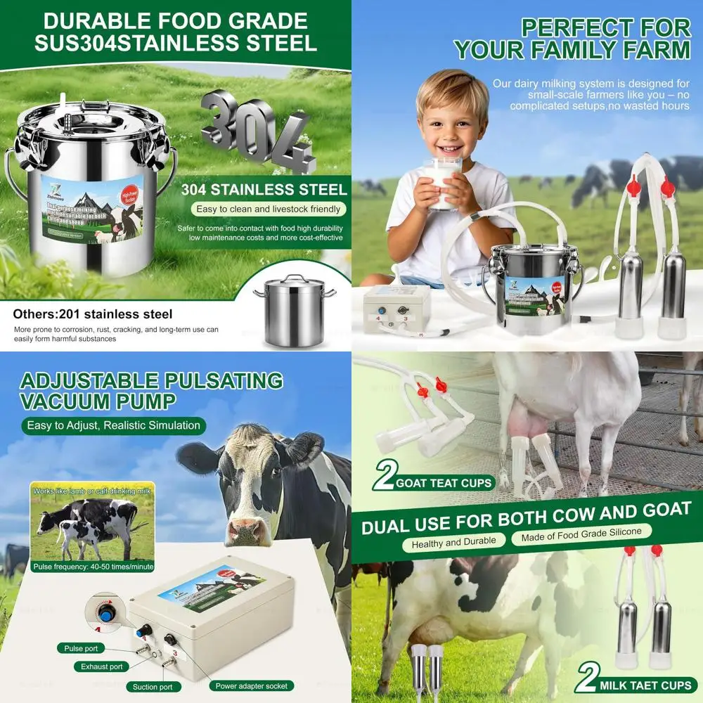 

Portable 3-in-1 Electric Milking Machine for Goats and Cows, Rechargeable, Pulsation Vacuum Pump, 4 Teat Cups, Stainless Steel B