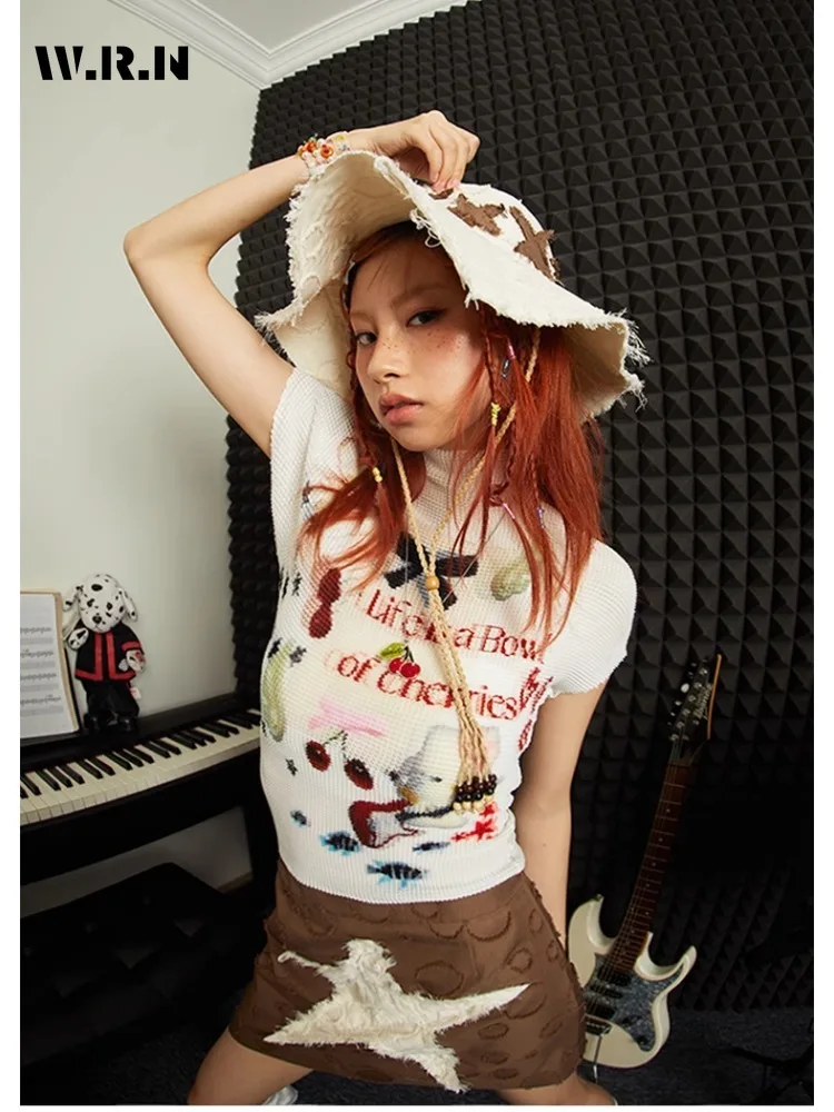 Summer Women Korean  Graphic Kawaii Cute Core Elastic Short Sleeve T-Shirts Gyaru Tees Crop Tops 2000s Aesthetic Y2k Streetwear