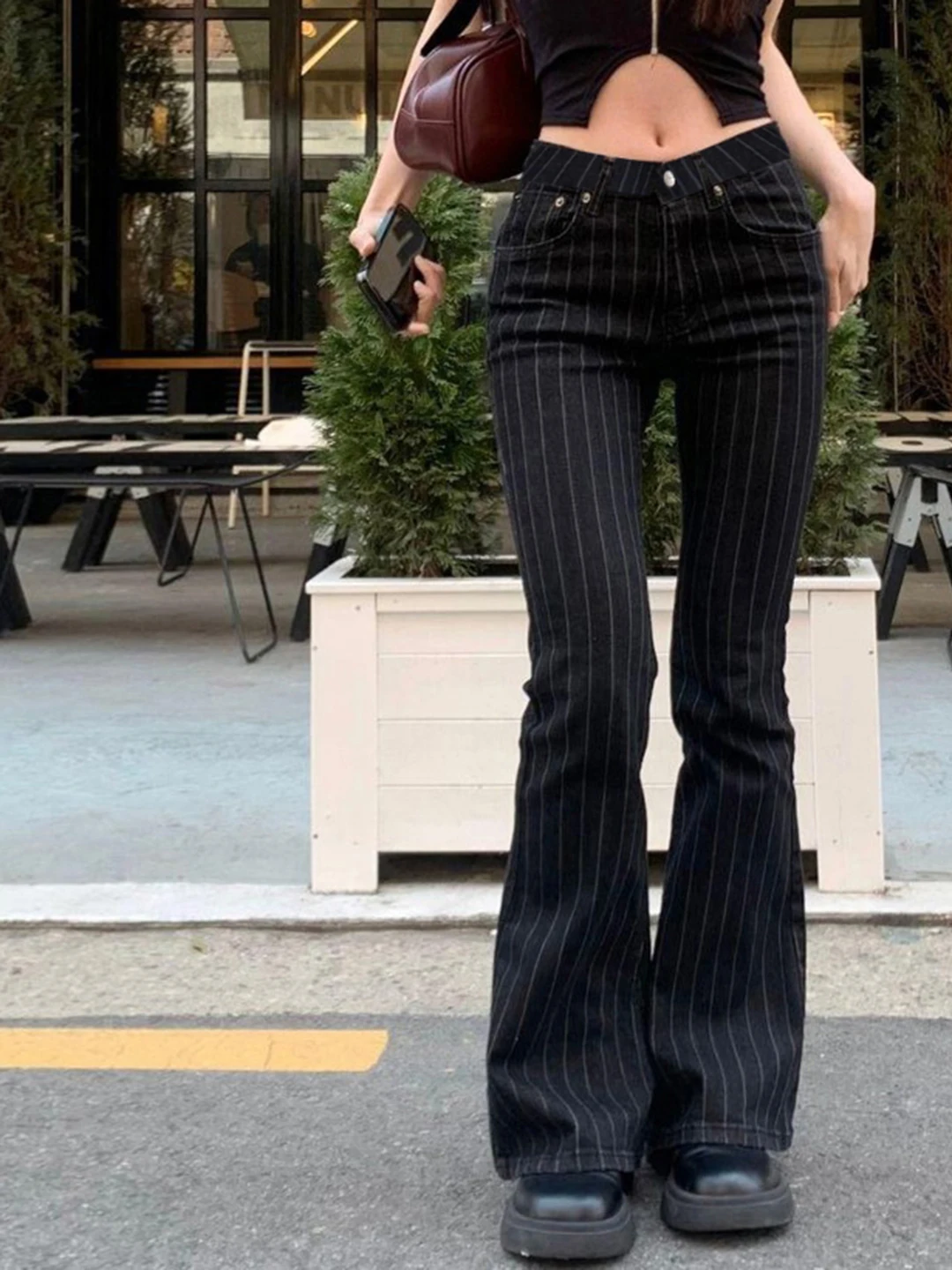 

Утягивающие джинсы-боты с низкой талией в полоску, женские модные универсальные джинсовые брюки, уличная одежда Romore, наряд для горячих девушек