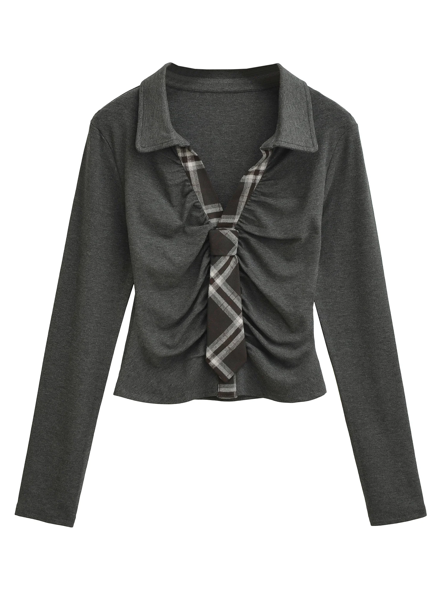 

Женская футболка American Sle Long Sve, облегающая клетчатая лоскутная футболка с воротником-стойкой, топ Faion Trend, смесь хлопка и полиэстера