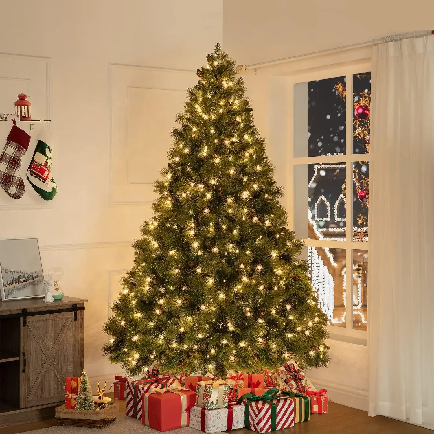 

7.5ft Prelit Artificial Christmas Tree with Pine Cones, Foot Pedal, 1556 Branch Tips, 750 Warm Lights and Metal Stand