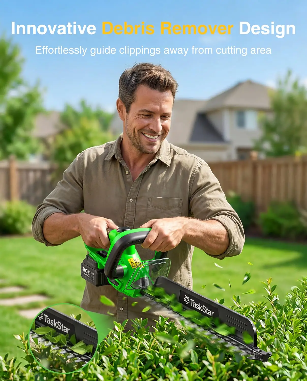 TaskStar 22" Electric Hedge Trimmer with 180° Rotatable Handle & Debris Remover & 550mm SK5 Dual Edge Blade 20V Cordless Hedge Clippers for Shrub Trimming with 2 4.0Ah Batteries - view 2