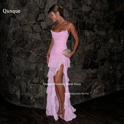 Qunque Chiffon Mermaid Evening Dresses Sexy Slit Tiered Pleat Prom Party Dress Customized Pink Vestidos Para Mujer Prom Gowns