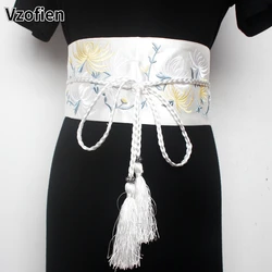 Japanese Kimono Girdle Embroidered Tassel Belt Chinese Style Waistband Classic Kimono Obi Elastic Waist Cummerbunds Wide Belt