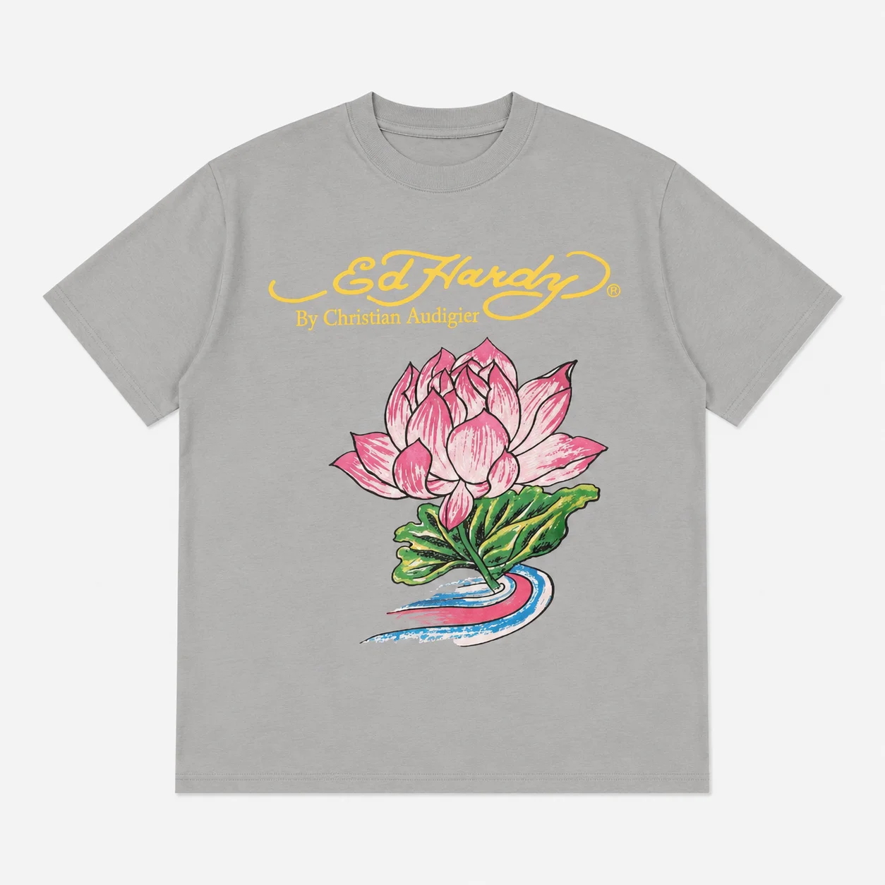Ed Hardy Pink Lotus Flower Green Leaf Water Ripple Print T-Shirt Unisex Loose Oversized Harajuku Streetwear Baumwolle Sommer – Detail 5