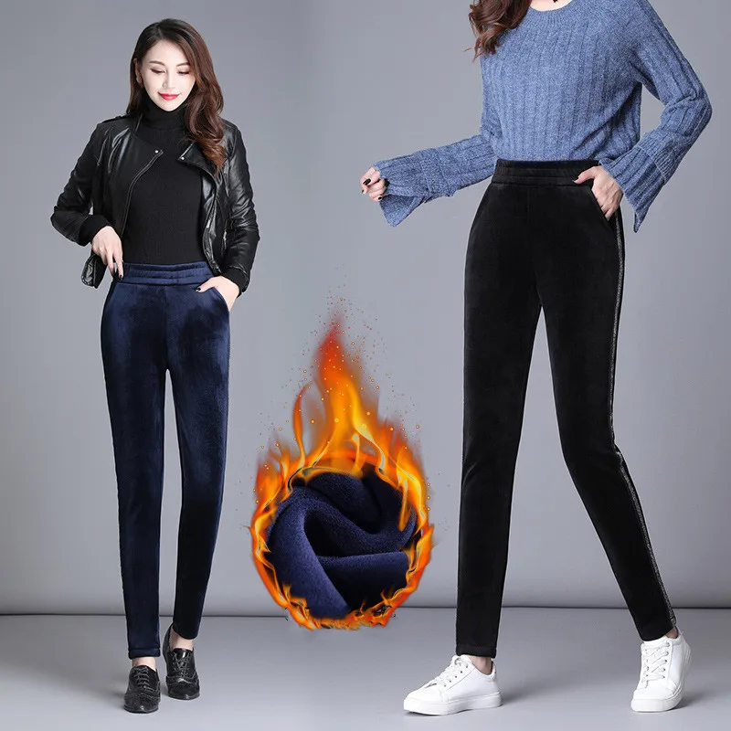 Calças lápis de veludo macio feminino, leggings de veludo quente, calças elásticas finas, plus size, preto, azul, fêmea, inverno, 5XL, 6XL