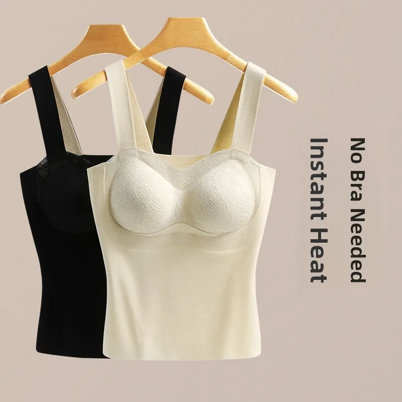 Women's Fleece Lined Thickened Small Strap Vest Winter Warm Bra Integrated Faux Fur Beautiful Back Underwear Base Layer with ...