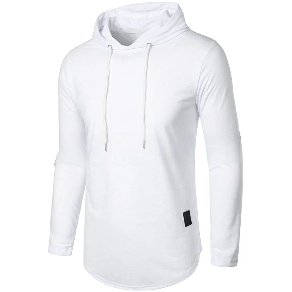Herren-Langarm-T-Shirt mit Kapuze, Kordelzug, Baumwolle, lässig, gemütlich, einfarbig, schmale Passform, für Herren, Sport, Fitness, atmungsaktiv – Detail 24