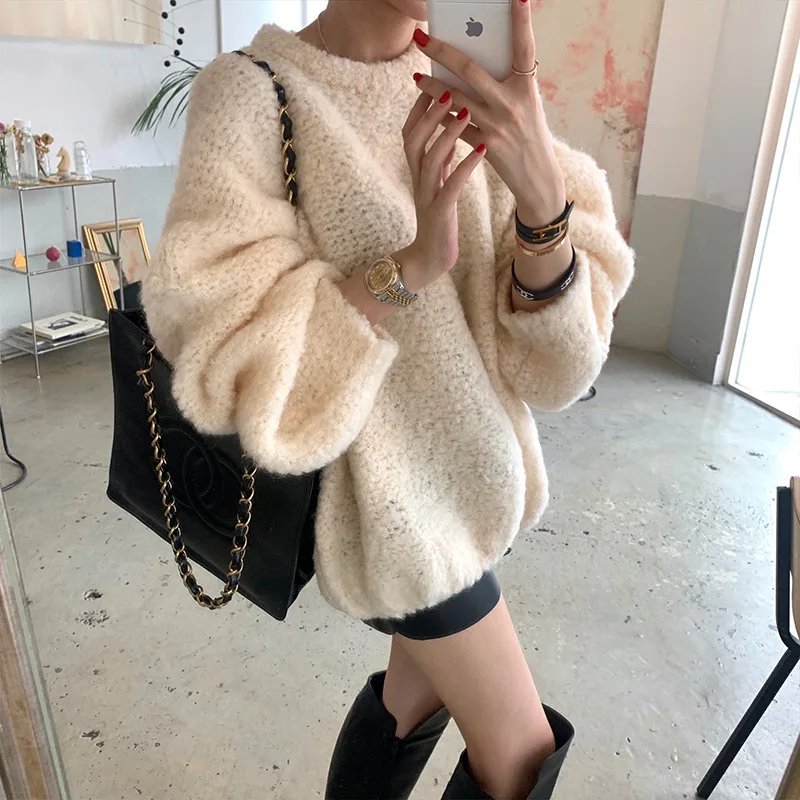 Women Imitation Lamb Wool Knitted Top Autumn Winter Casual Fashion Loose Solid Color Simple Oversized Pullover Sweater