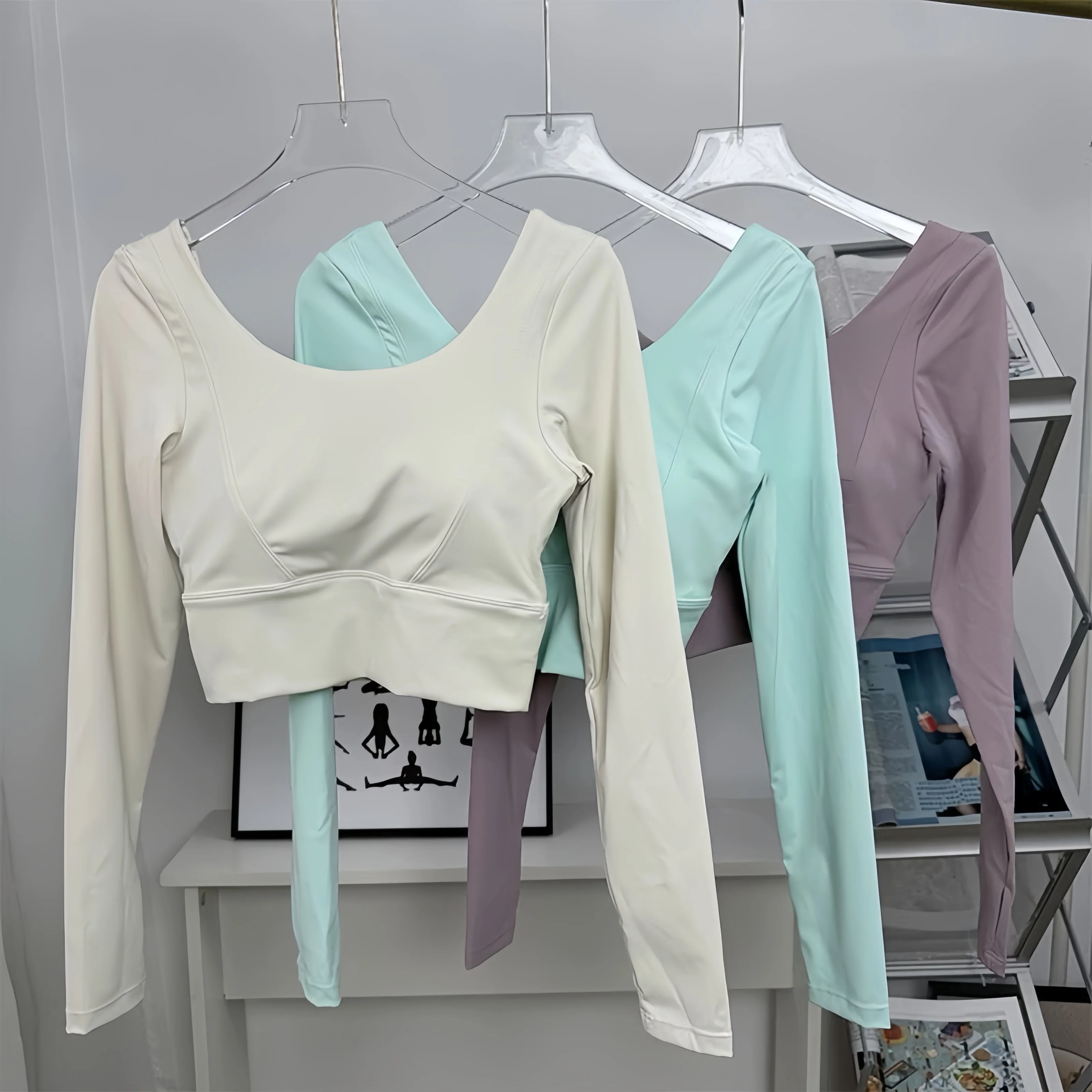 Women's Yoga Wear Long-Sleeve Fixed Bra Pad Fitness Pilates Running Sports Top Training Apparel image 6
